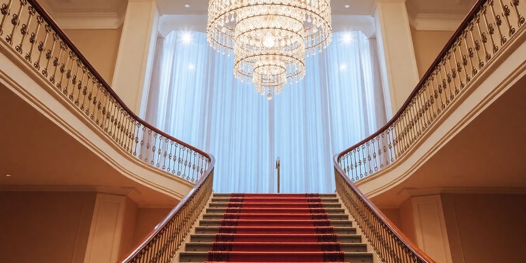 Luxurious stairwell chandelier illuminating a grand staircase.