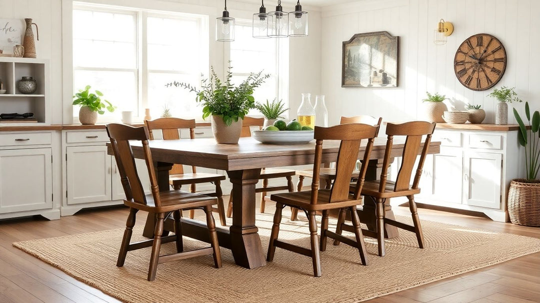 Farmhouse dining table with rustic chairs in bright room