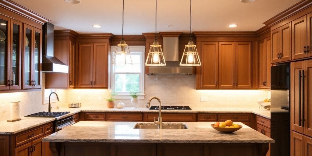 Modern kitchen island pendant lights illuminating a countertop.