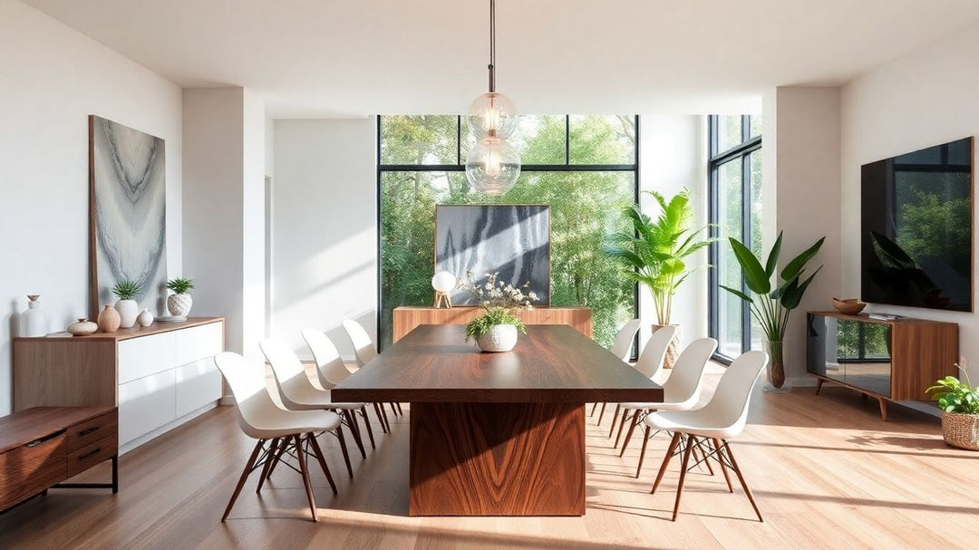 Modern walnut dining table in elegant dining room
