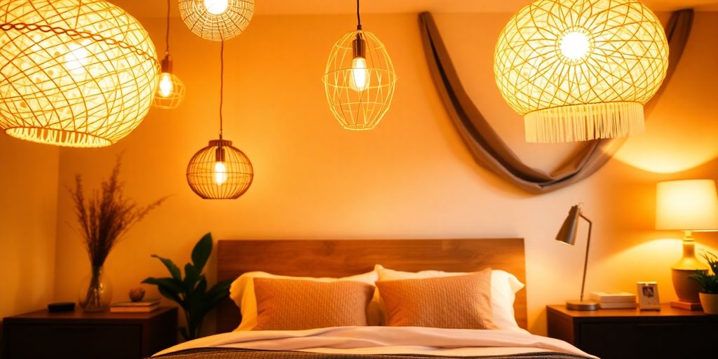 Cozy bedroom with stylish ambient lighting.