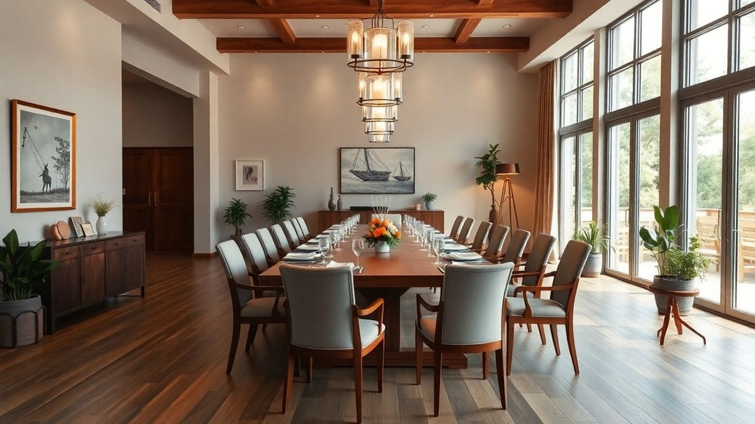 Long dining table in spacious, elegant dining room