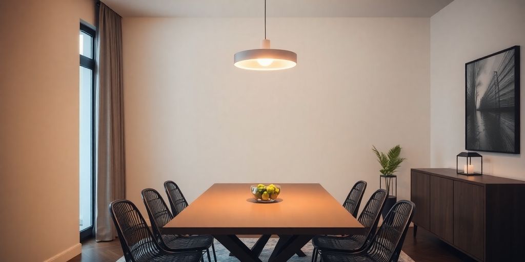 Elegant dining room with a stylish pendant light.