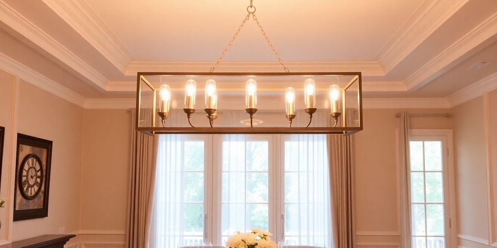 Rectangular dining chandelier over a dining table.