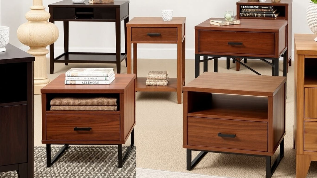 Stylish end tables with drawers in different room settings.