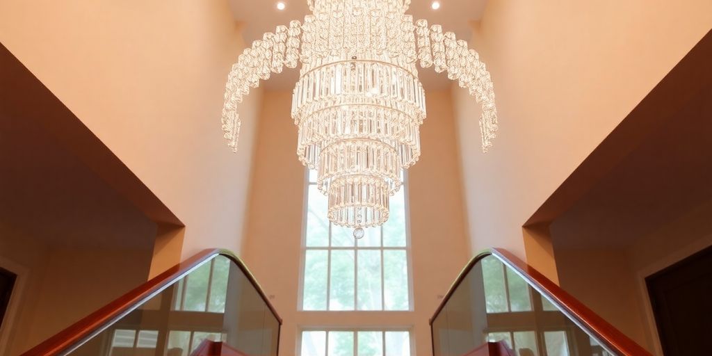 Elegant chandelier illuminating a grand staircase.