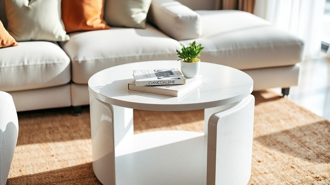 Elegant marble end table in a modern living room.
