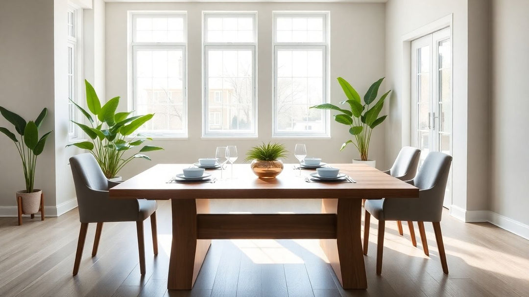 Modern dining room with rectangular wooden table