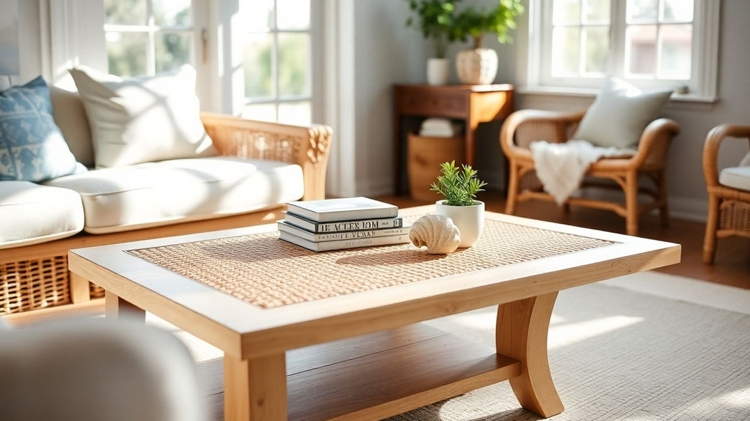 Coastal coffee table in a sunlit living room.