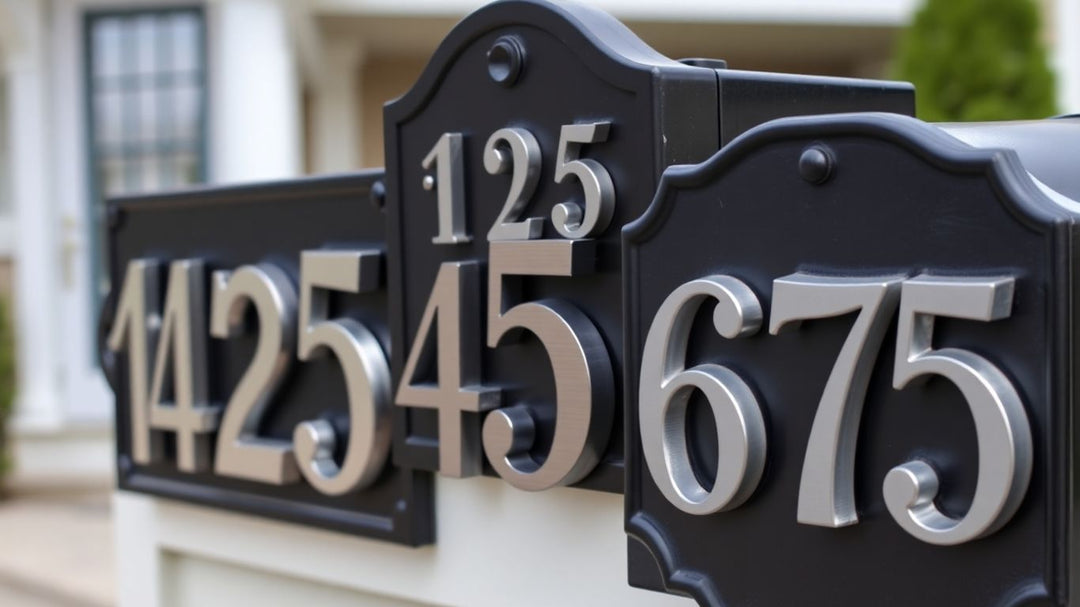 Various stylish mailbox numbers in different fonts and materials.