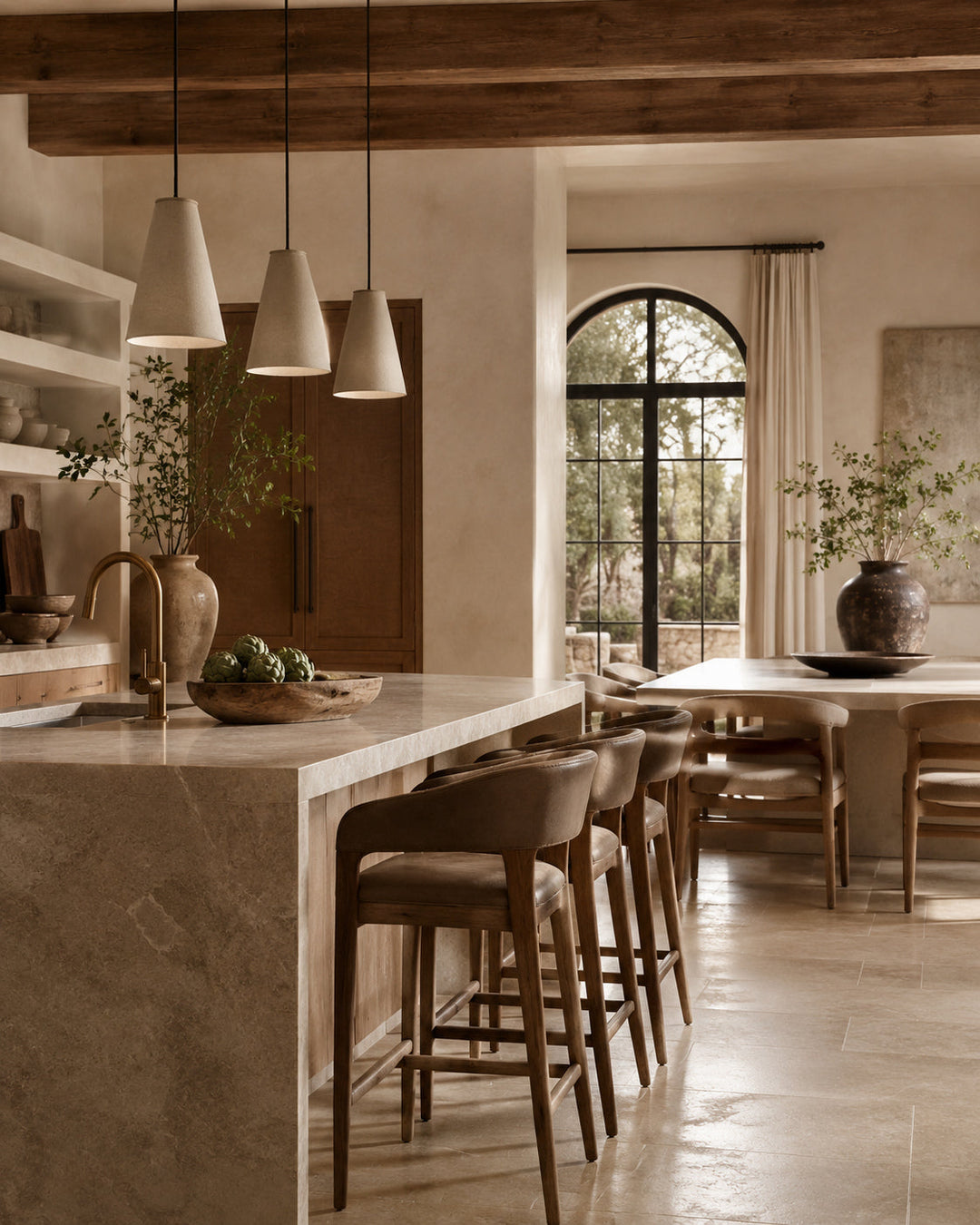 Modern kitchen and dining decor with dining chairs, lighting and luxury home accessories