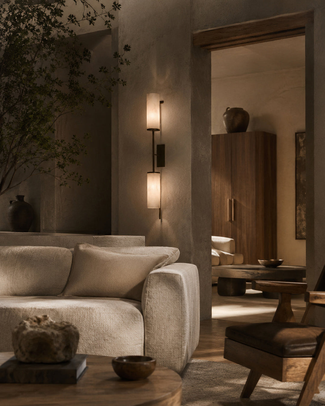 Wabi-sabi decor with natural textures, ceramic vases and neutral home accessories