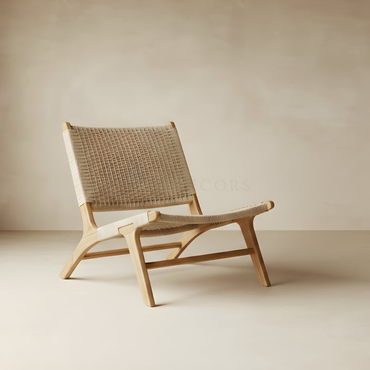 Woven chair on a plain background