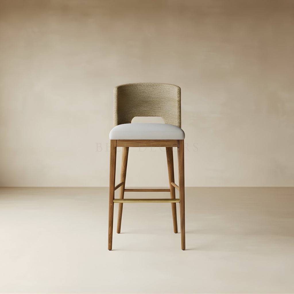 Wooden bar stool with a white cushion on a beige background