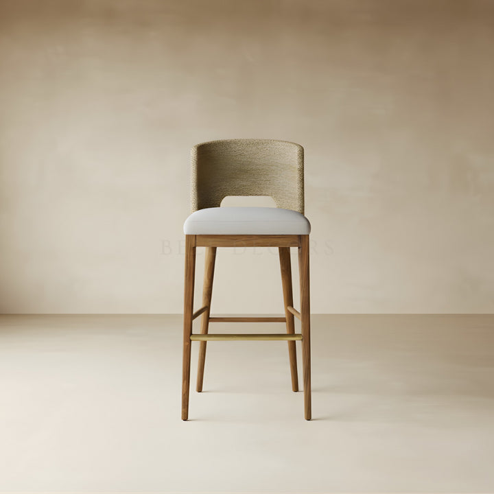 Wooden bar stool with a white cushion on a beige background