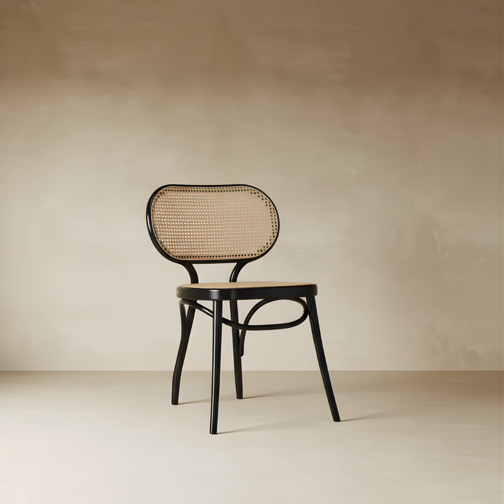Black Wood Dining Chair - Natural Woven Design