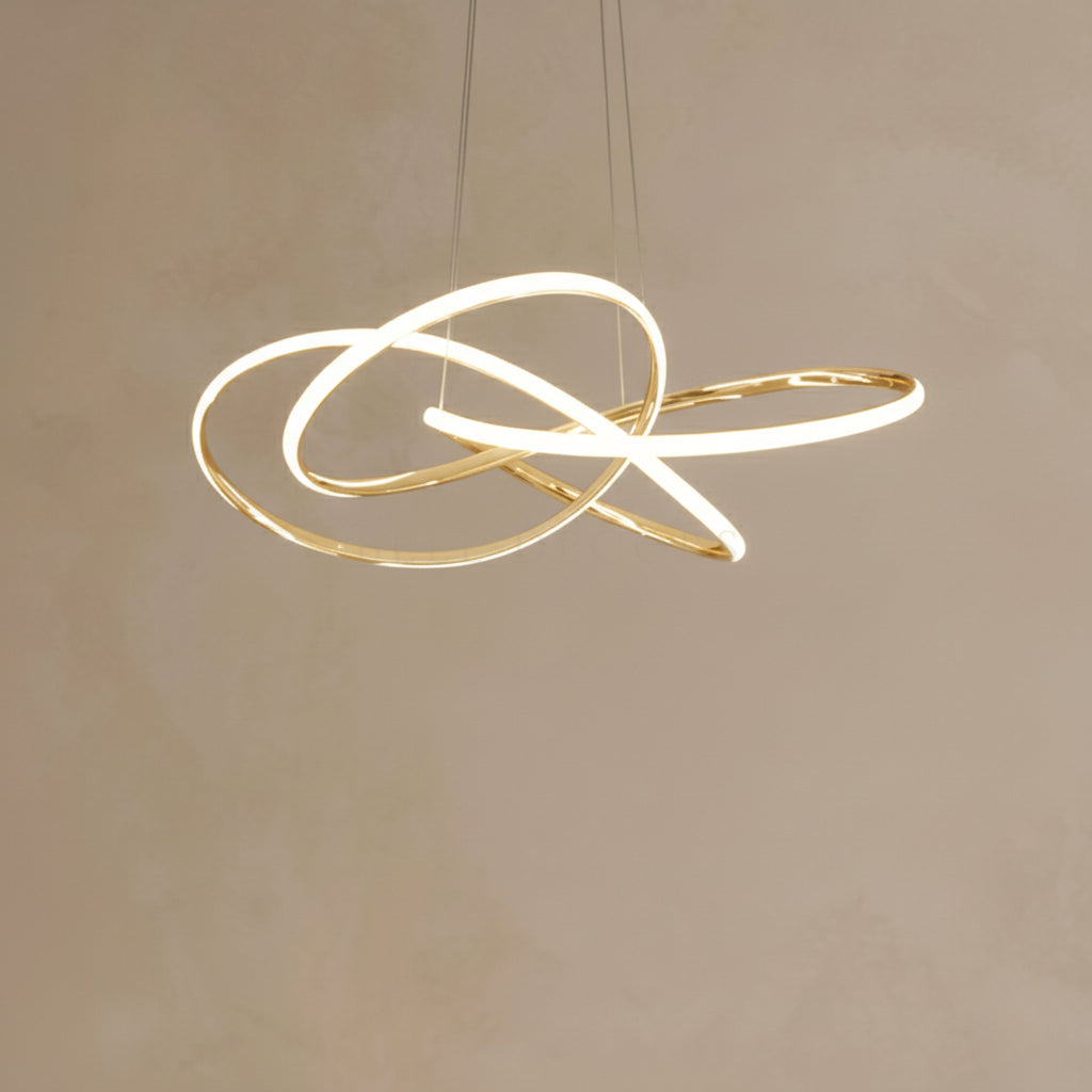 Modern pendant light with interlocking circular design on a neutral background