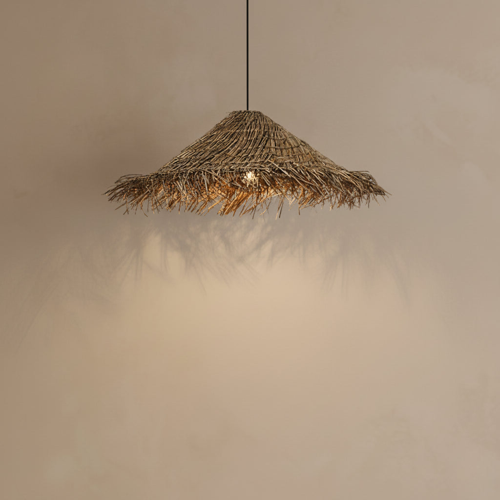 Woven pendant light fixture against a neutral background