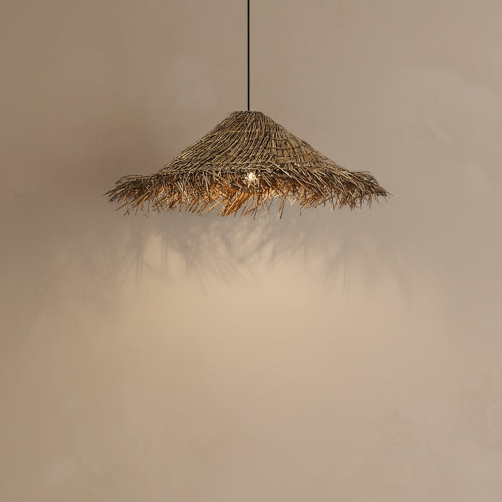 Woven pendant light fixture against a neutral background