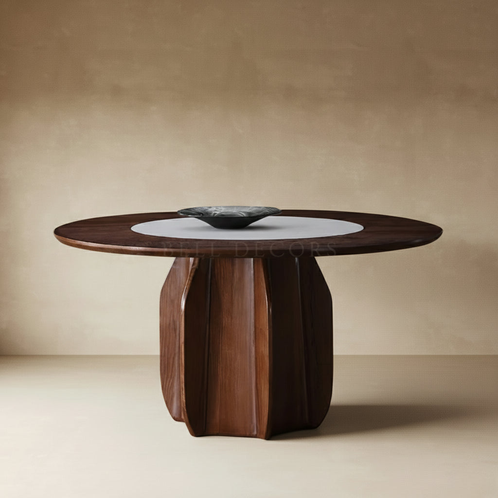 Wooden dining table with a unique base design on a beige background