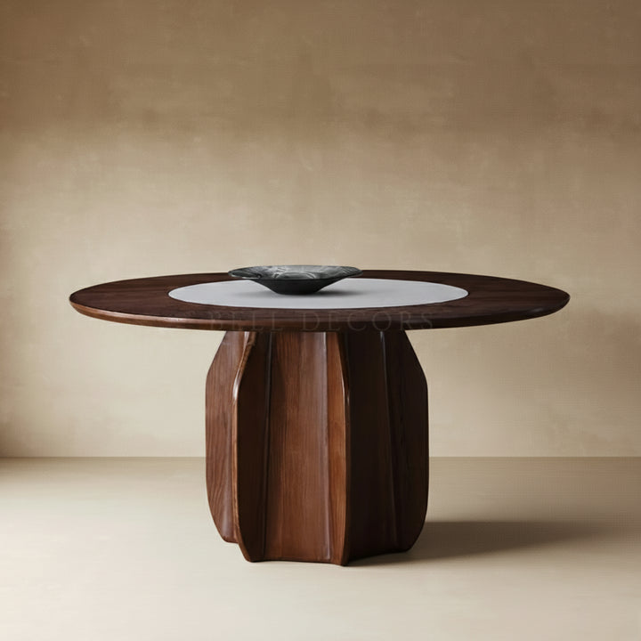 Wooden dining table with a unique base design on a beige background