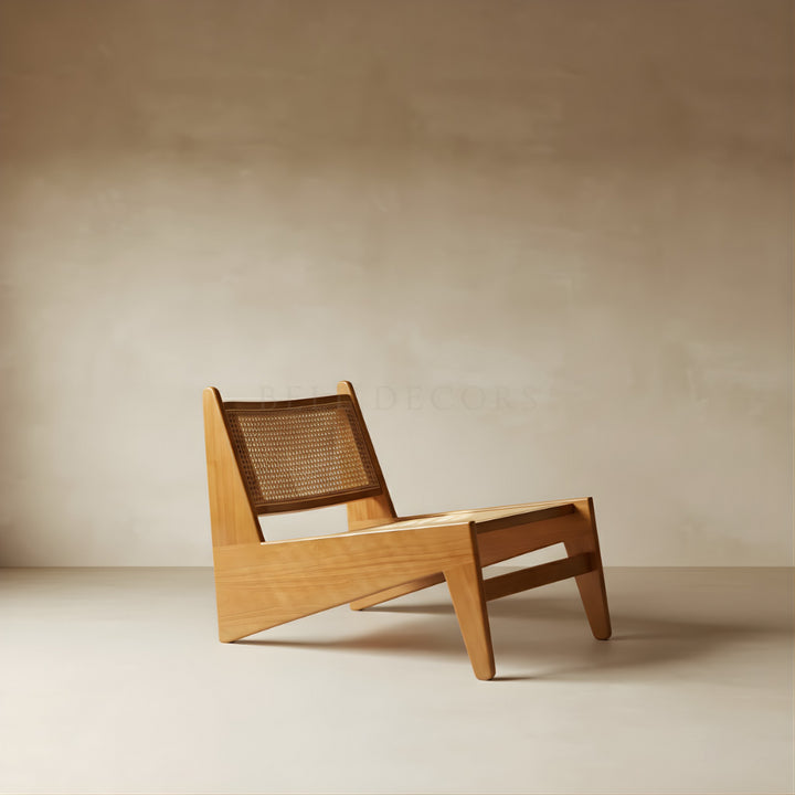 Wooden chair with woven backrest on a plain background