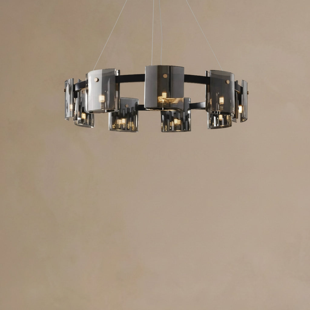 Modern chandelier with glass shades on a beige background