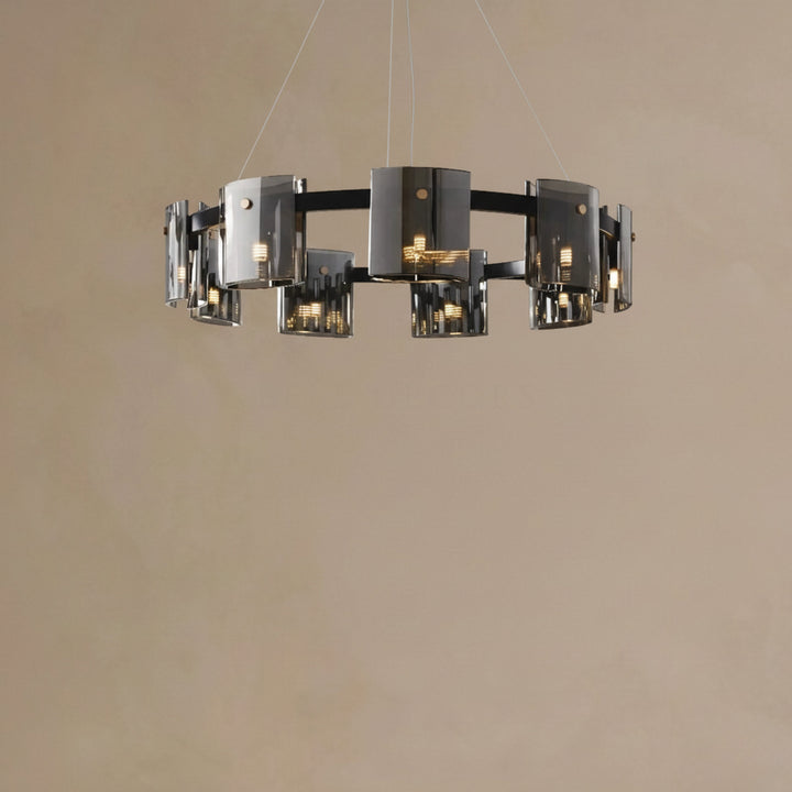Modern chandelier with glass shades on a beige background