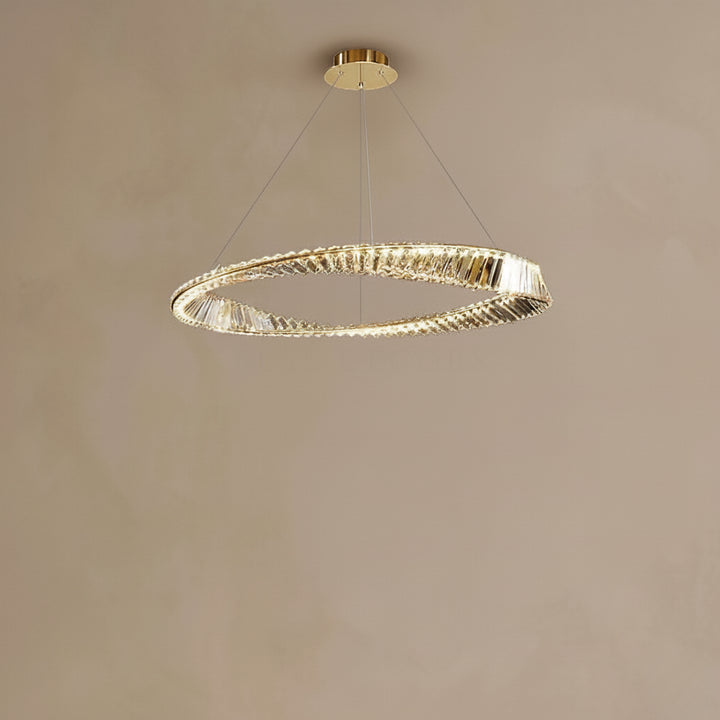 Modern pendant light with two circular designs on a beige background