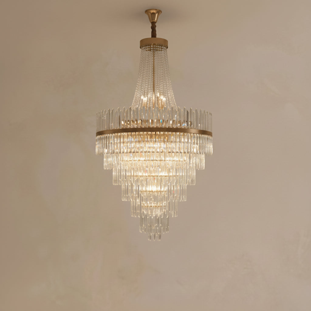 Chandelier hanging against a beige wall