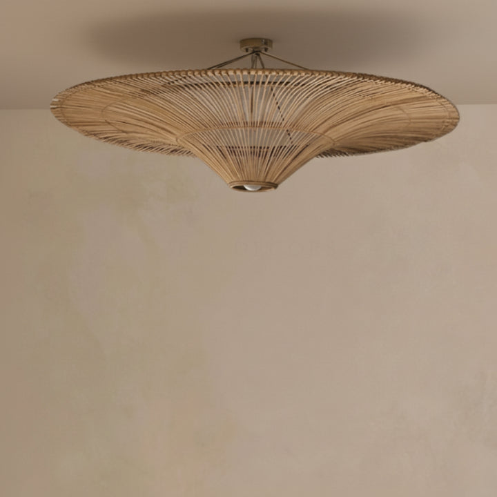 Woven ceiling light fixture on a plain wall