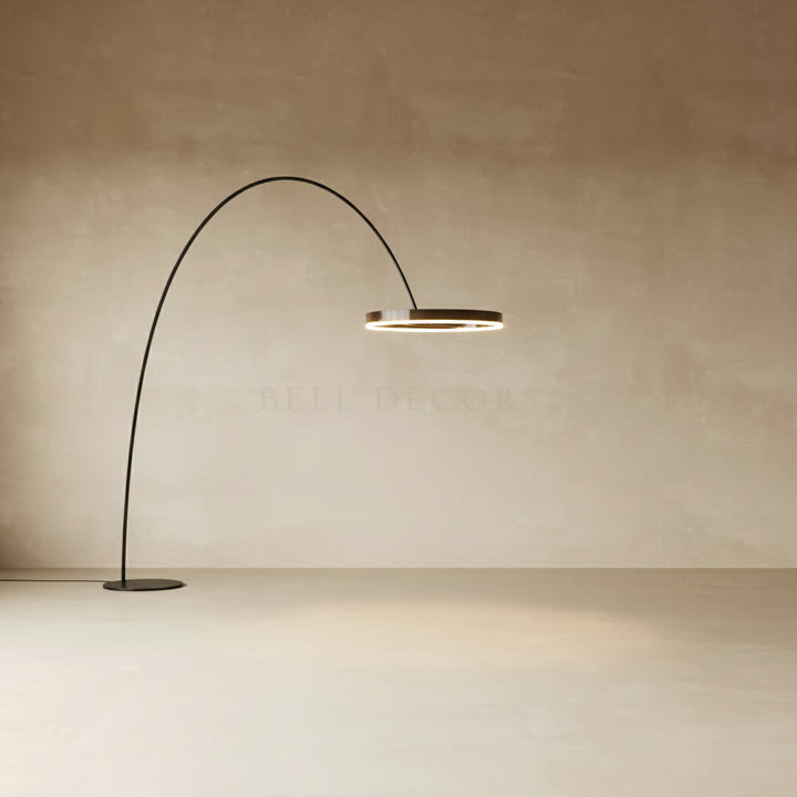 Modern floor lamp with curved design on a plain background