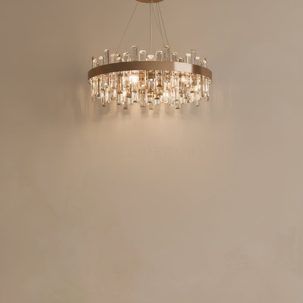 Chandelier hanging against a plain wall
