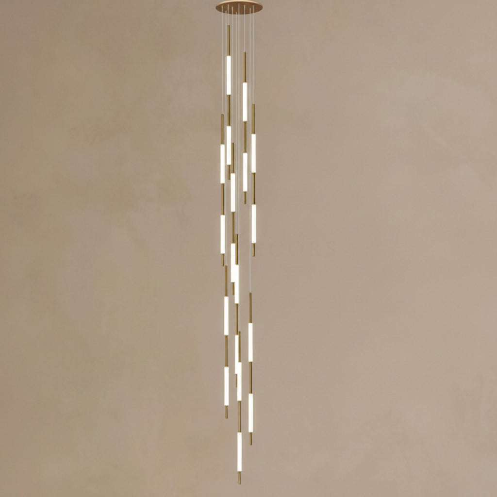 Modern chandelier with vertical light fixtures on a beige background