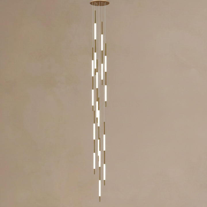 Modern chandelier with vertical light fixtures on a beige background