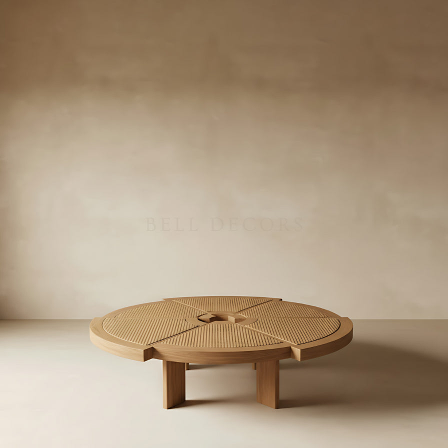 Wooden coffee table with a minimalist design against a beige wall.