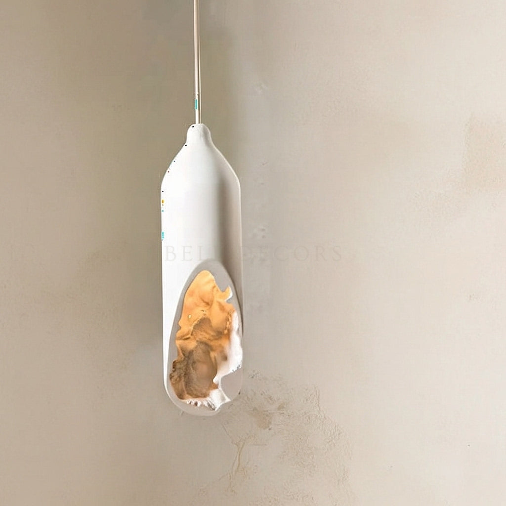 White pendant light fixture with a textured interior on a beige wall.