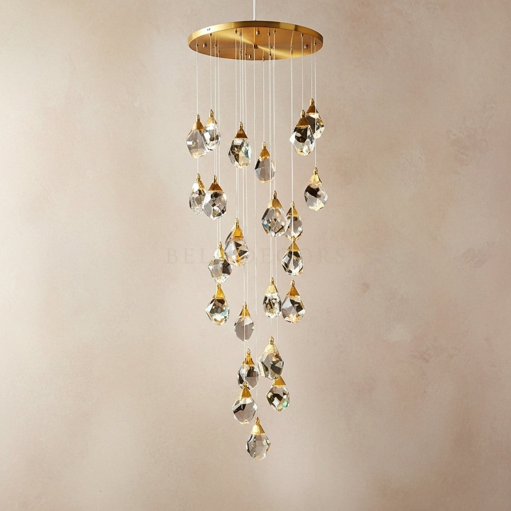 Chandelier with crystal droplets on a beige background