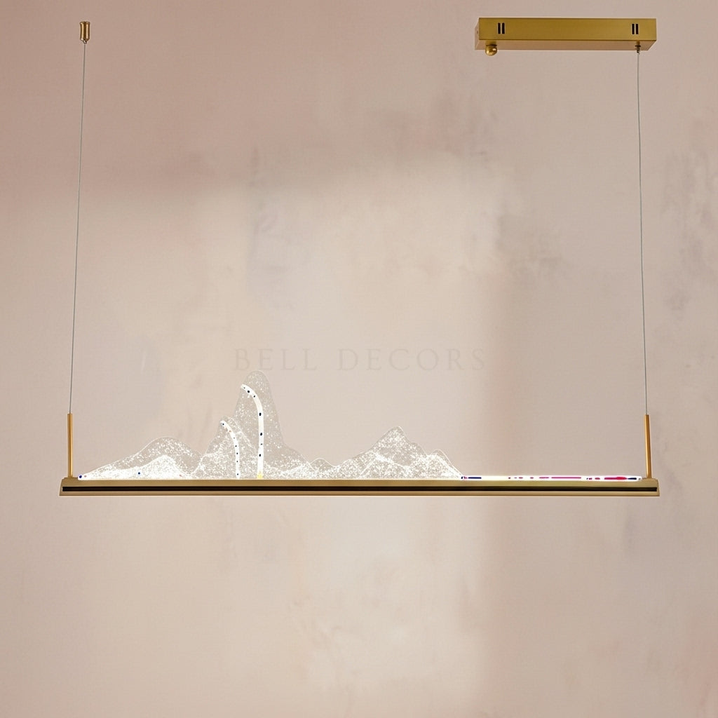 Modern pendant light with mountain design on a plain background