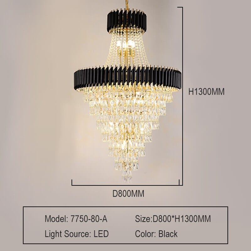 Merindah Modern Duplex Black Crystal Chandelier showcasing a luxurious design with LED lighting and stunning crystal details.