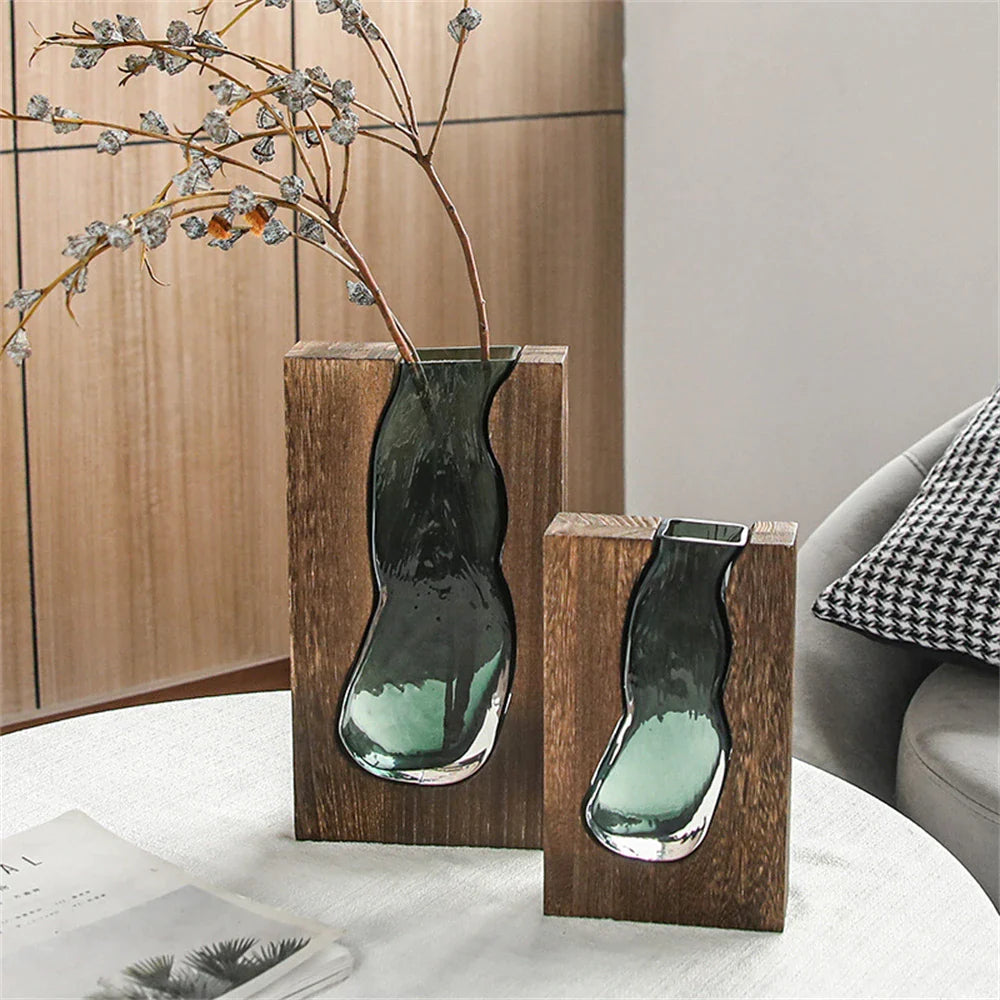 Yves Wood Emerald Green Glass Vase