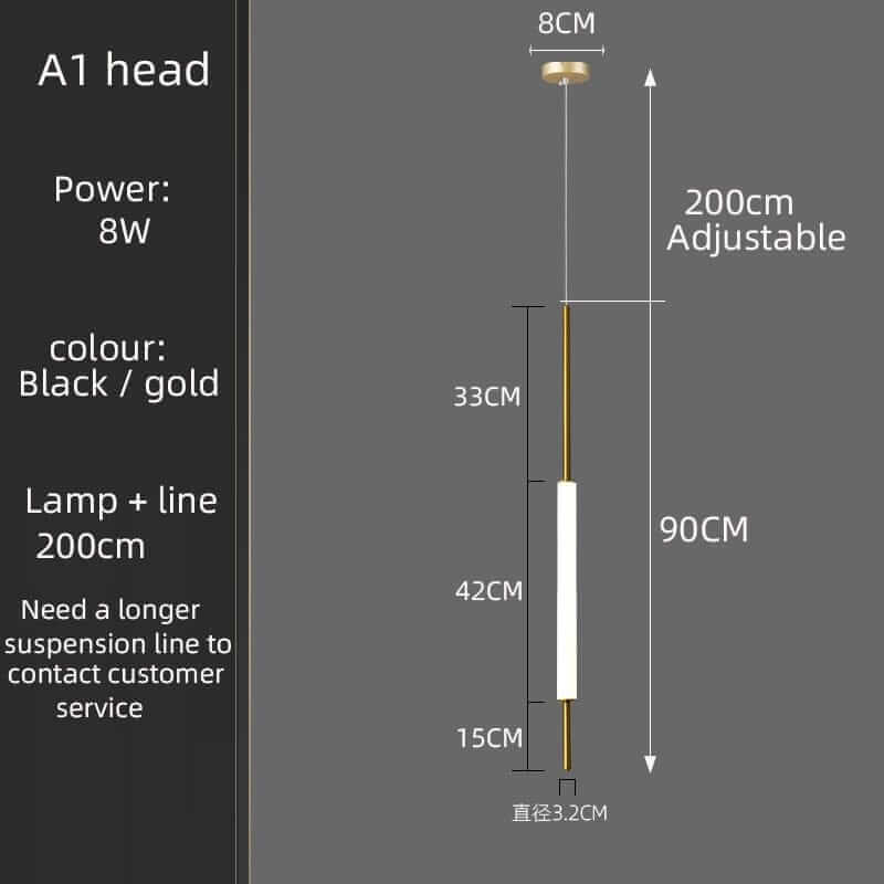 Dimensions and specifications for A1 chandelier head in black and gold with adjustable length.