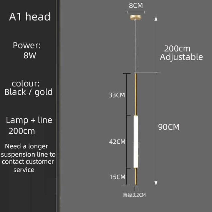 Dimensions and specifications for A1 chandelier head in black and gold with adjustable length.