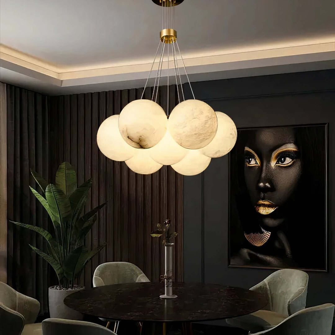 Wood Chandelier - Bubble Chandelier illuminating a modern dining room with a stunning cluster of ball shades.