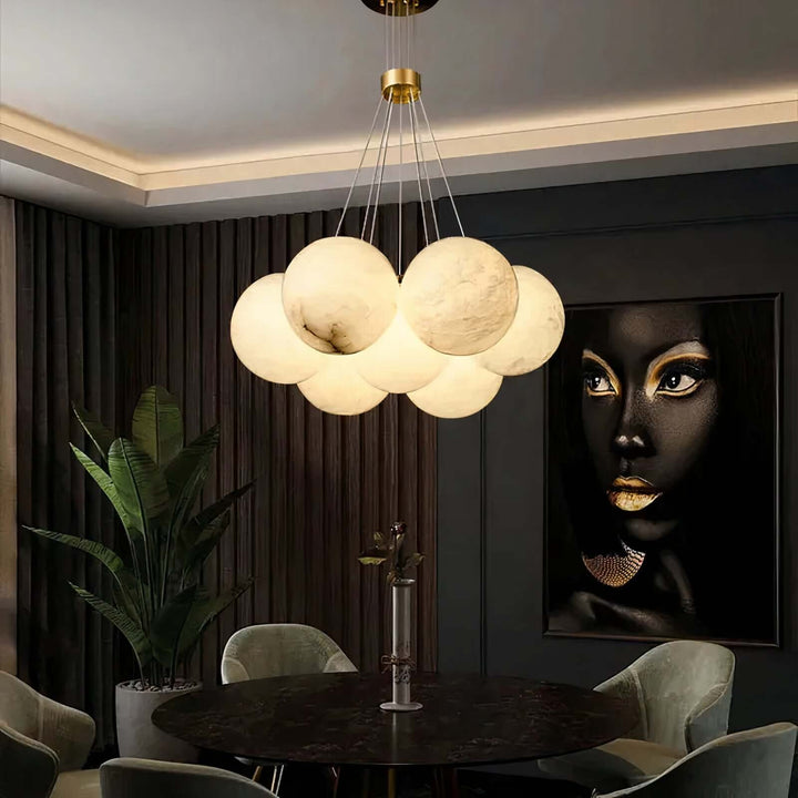 Wood Chandelier - Bubble Chandelier illuminating a modern dining room with a stunning cluster of ball shades.