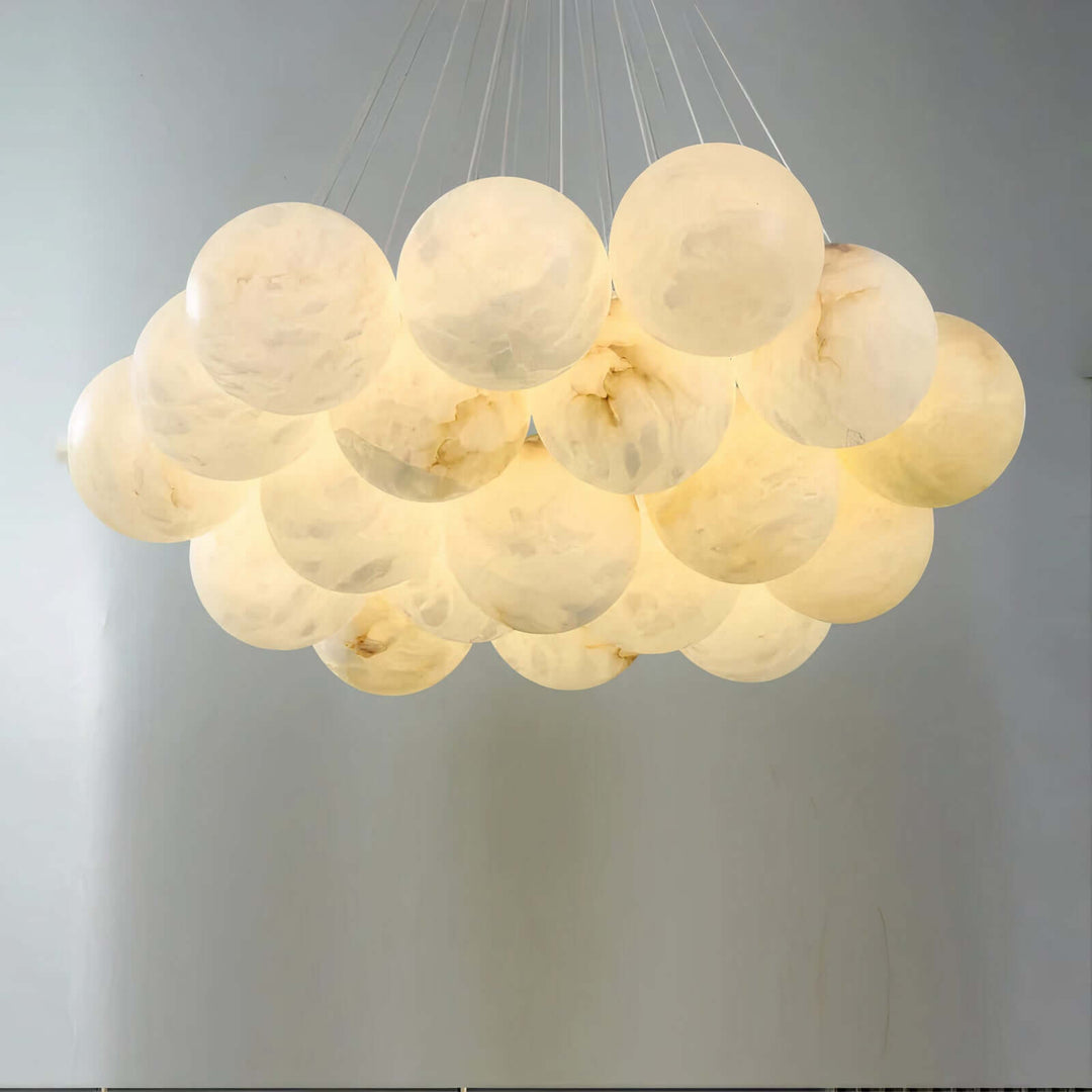 Wood Chandelier - Bubble Chandelier featuring a cluster of illuminated ball shades.
