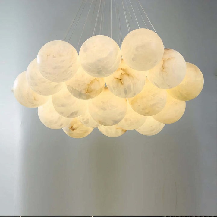 Wood Chandelier - Bubble Chandelier featuring a cluster of illuminated ball shades.