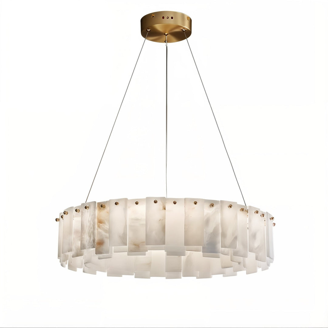 Entryway Chandelier - Foyer Chandelier featuring a snowflake-shaped alabaster ring and polished brass frame.