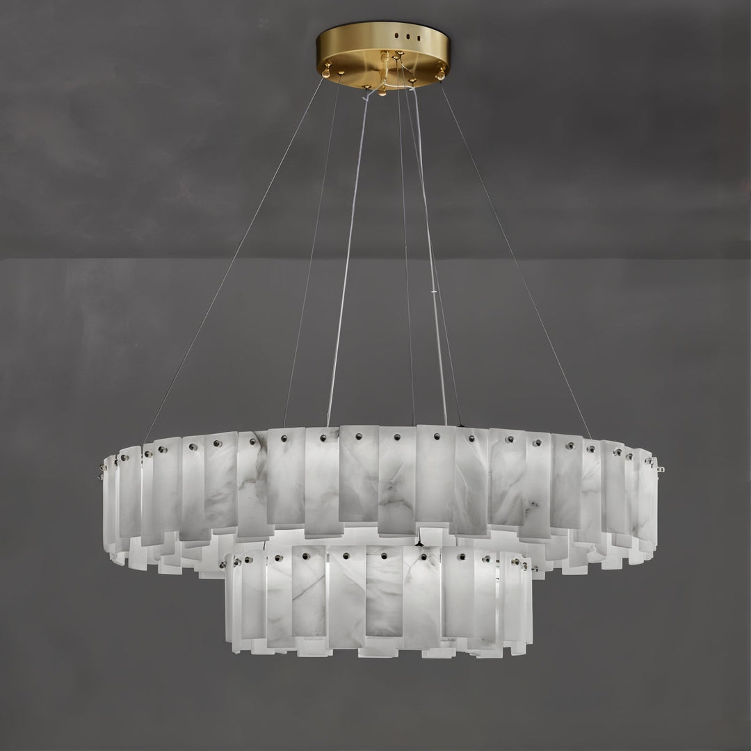 Entryway Chandelier - Foyer Chandelier featuring a snowflake-shaped alabaster design with a polished brass frame.