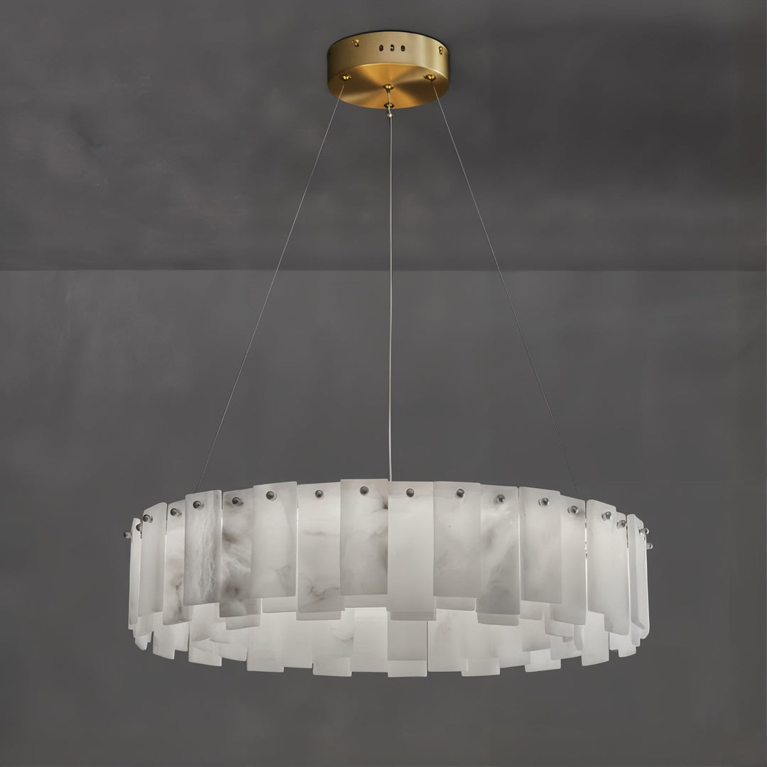 Entryway Chandelier - Foyer Chandelier featuring an alabaster ring and polished brass frame.